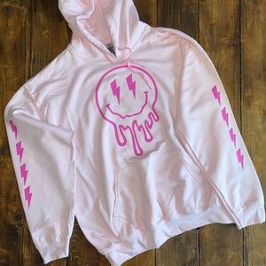 Pink - Drippy face with printed sleeves hoodie L